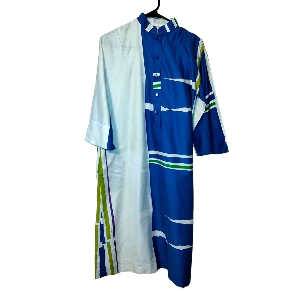 Nalii Honolulu Vintage 1960's White- Blue & Pink Graphic Print Sleeveless Dress